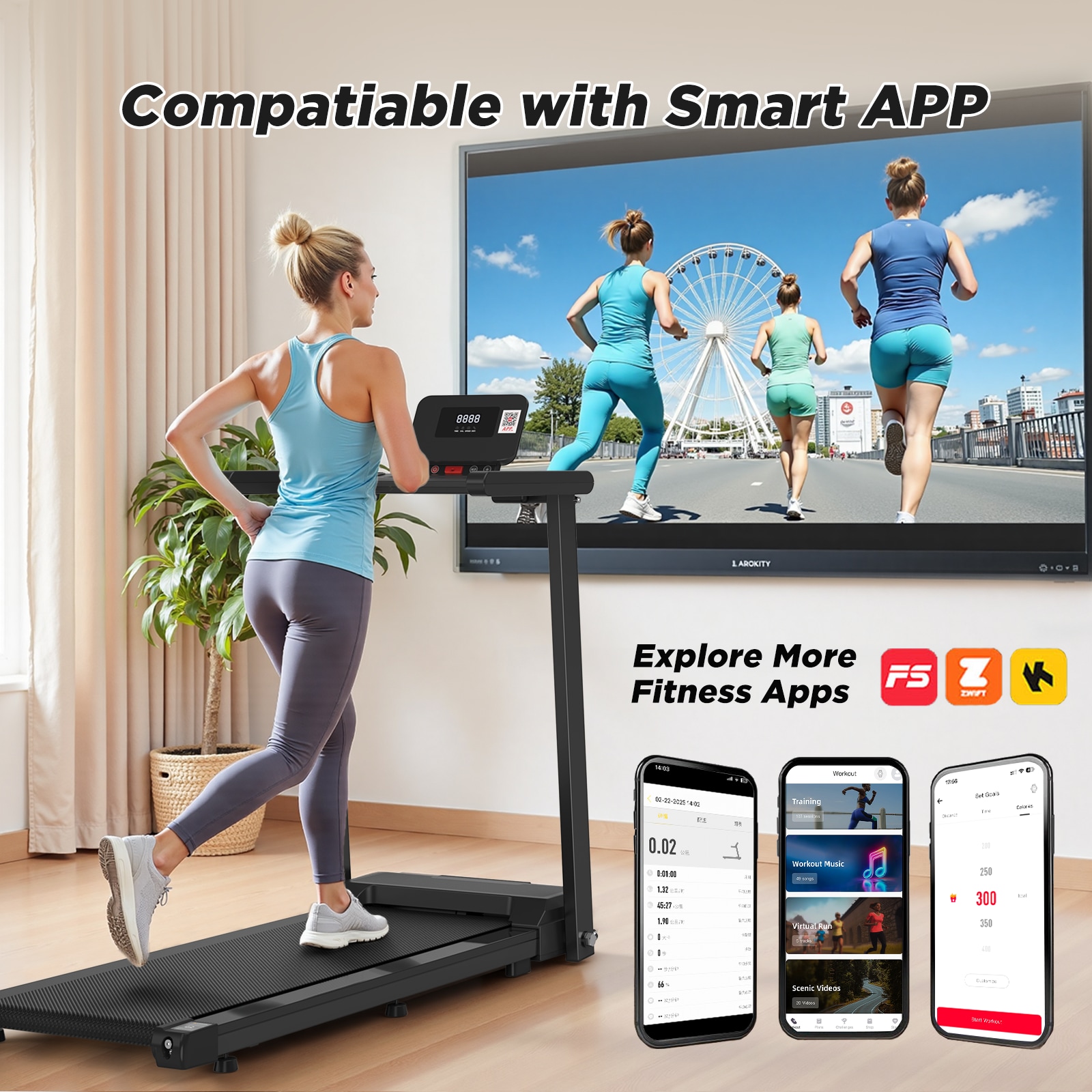 Folding Treadmill With Handles (Small Home Model) - 300lb Weight Capacity & 2.5HP Quiet Motor_voghion.com